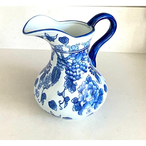 Asian Blue and White Floral Porcelain Pitcher - Picture 1 of 8
